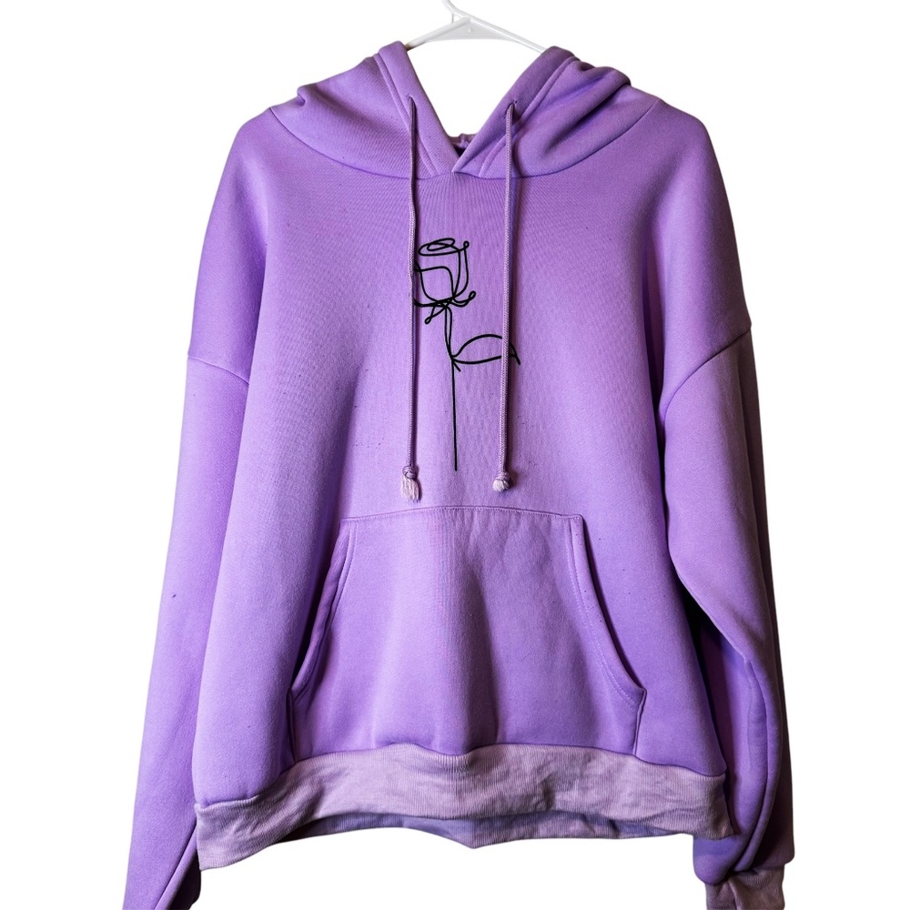 SHEIN Rose Print Kangaroo Pocket Drawstring Lavender Hoodie (XL)
